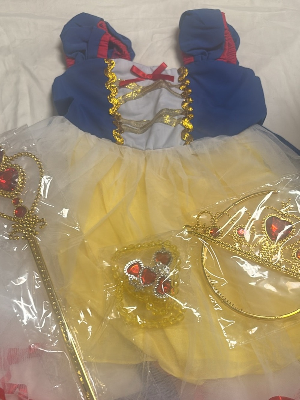 Classic Blue and Yellow Princess Kids Costume Dress with Gold Accessories